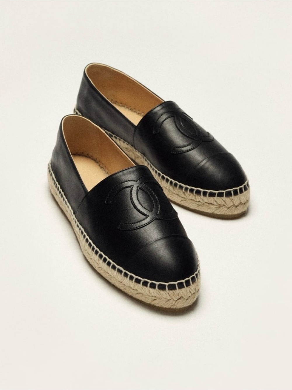 CHANEL Black Leather Logo Espadrille Flats